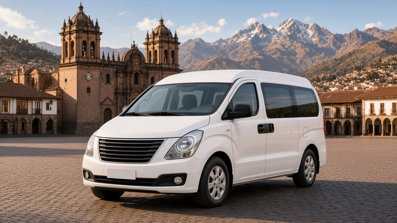 Van turística Hyundai en la Plaza de Armas de Cusco