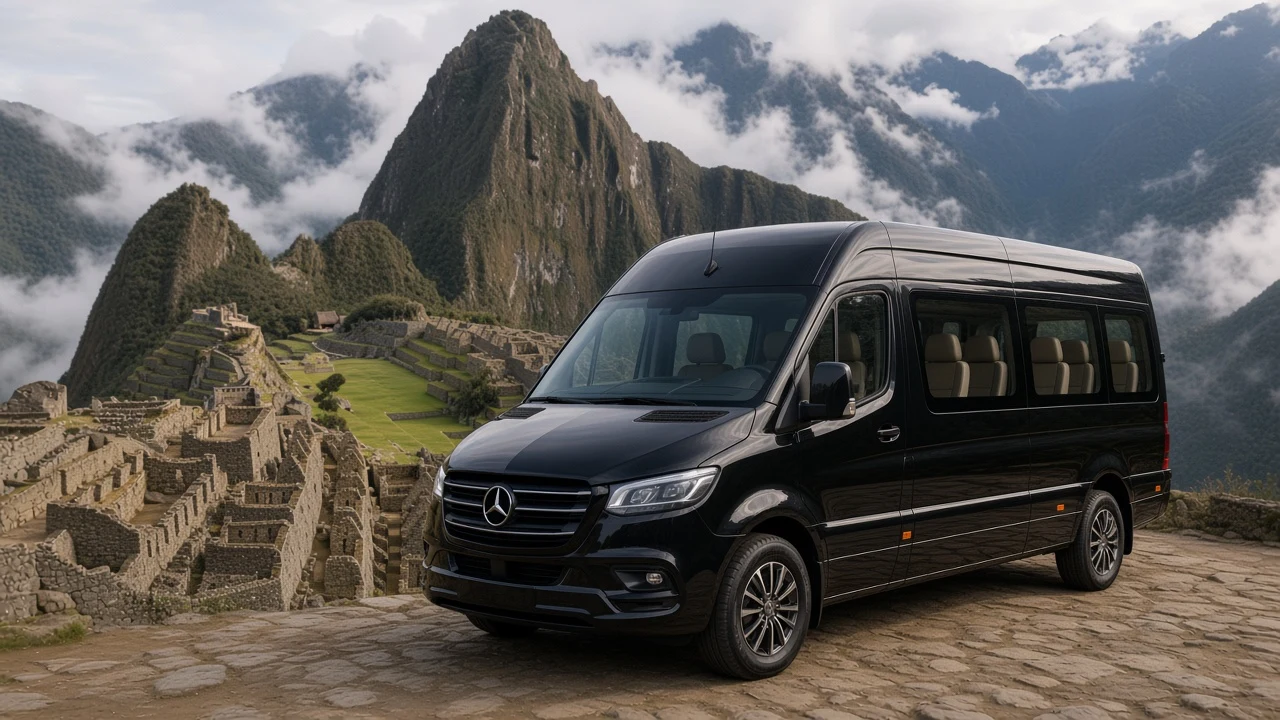 Mercedes Sprinter VIP con vista a la ciudadela de Machu Picchu